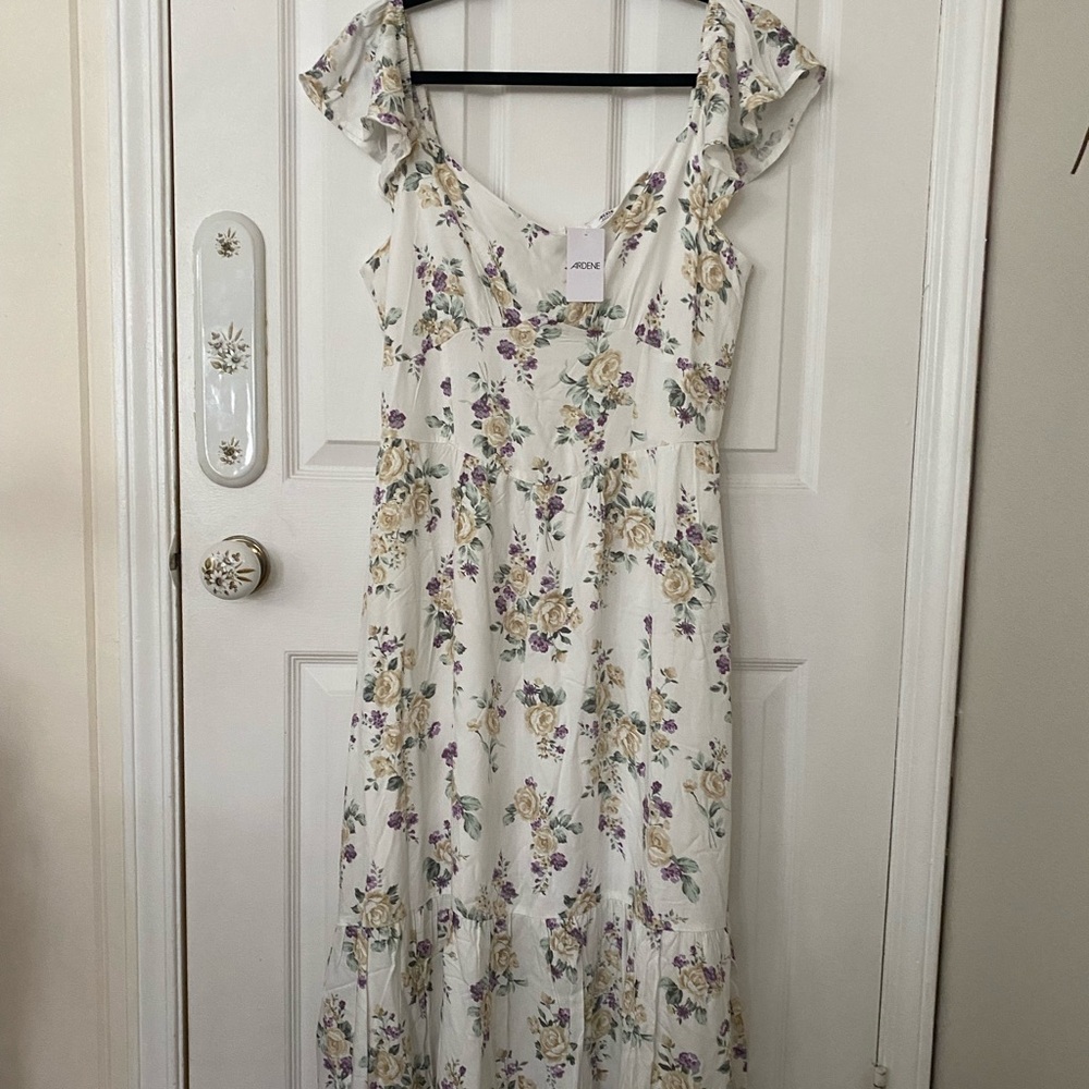 Ardene White Dress with Yellow and Green Floral Print